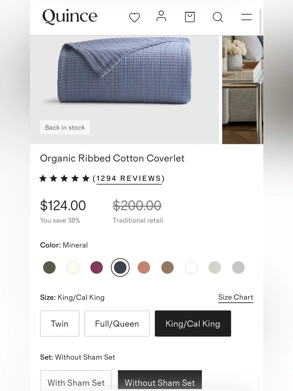 NWT Quince Organic Ribbed Cotton Coverlet, King/Cal (Mineral)